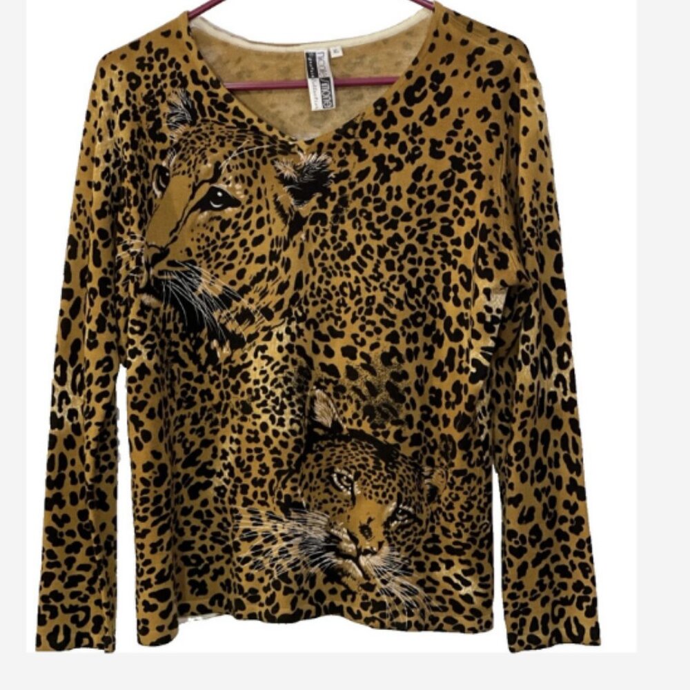 Nicole Simone Top Women Sz XL Animal Print Gold/Black Long Sleeves 100% Acrylic